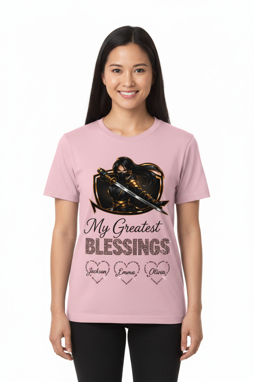 Pink t-shirt with graphic design and text on a black background